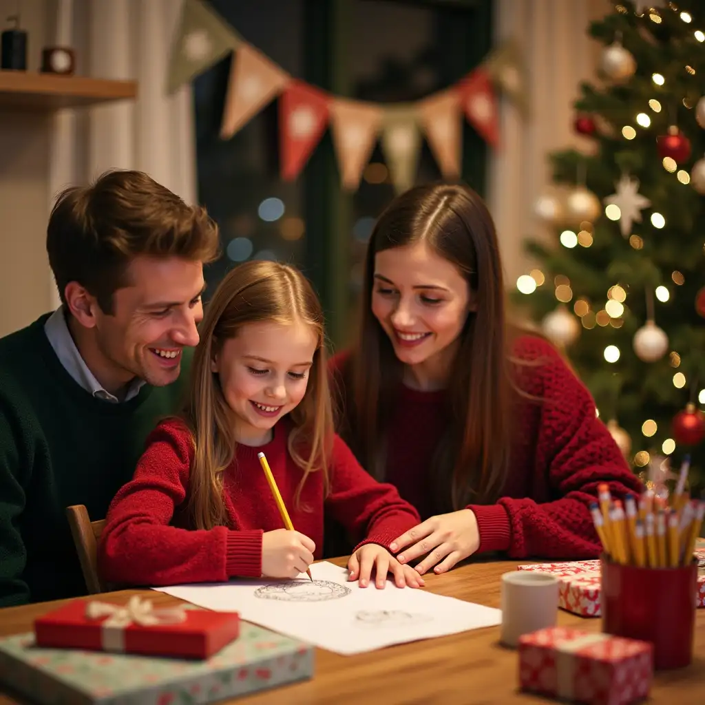 On Christmas Day, at home, a 10-year-old girl sits at a table drawing with a pencil, while her parents sit beside her smiling and accompanying her. There are some pencil boxes, paper, and a pencil bucket on the table, delicate and festive. The Christmas atmosphere includes a Christmas flag and a Christmas tree,