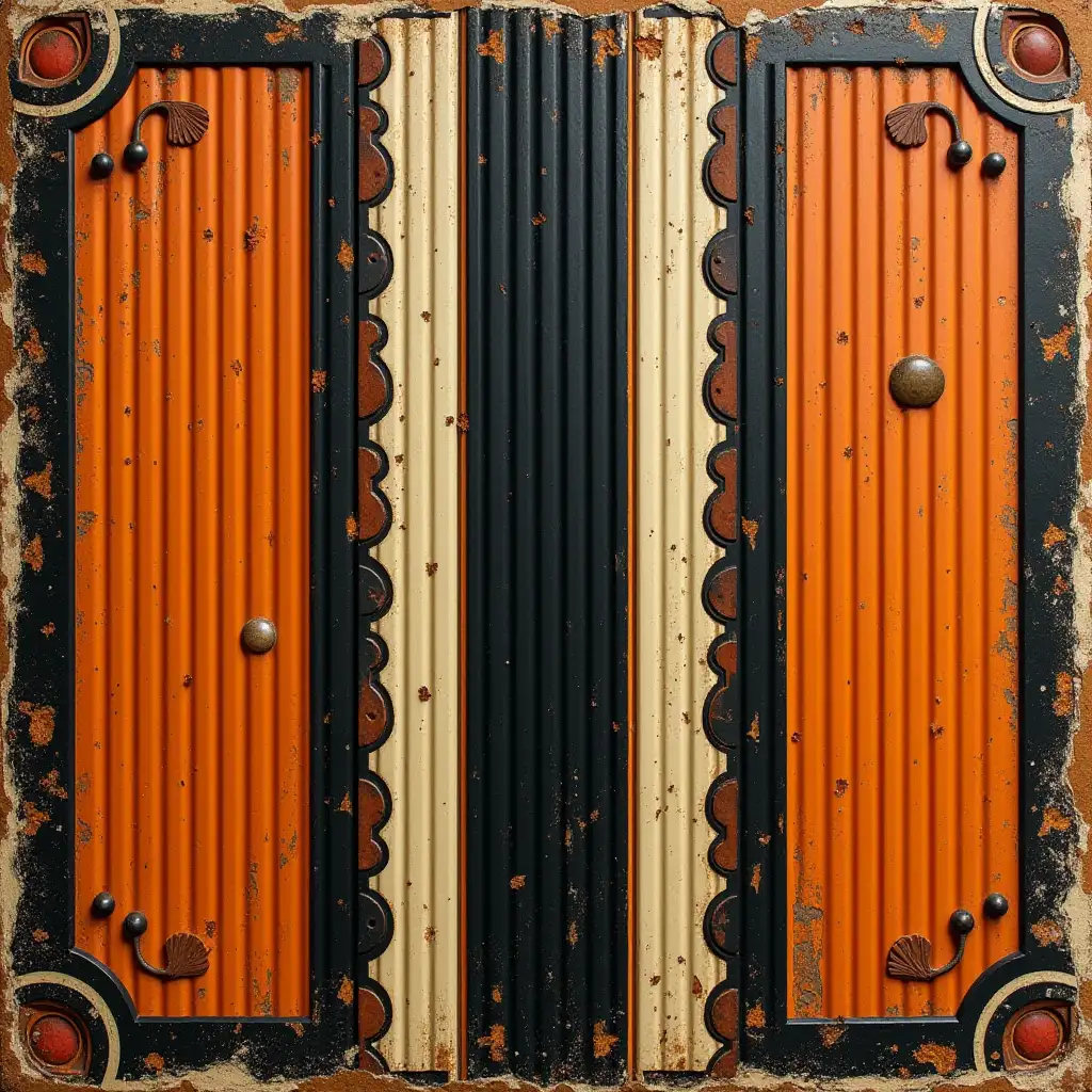 A blend of black, orange, and ivory creating a bold yet vintage background. It features corrugated vertical stripes and embossed circular patterns. The design includes zigzag accents, with edges faded and cracked to evoke the feeling of a long-forgotten piece of art.