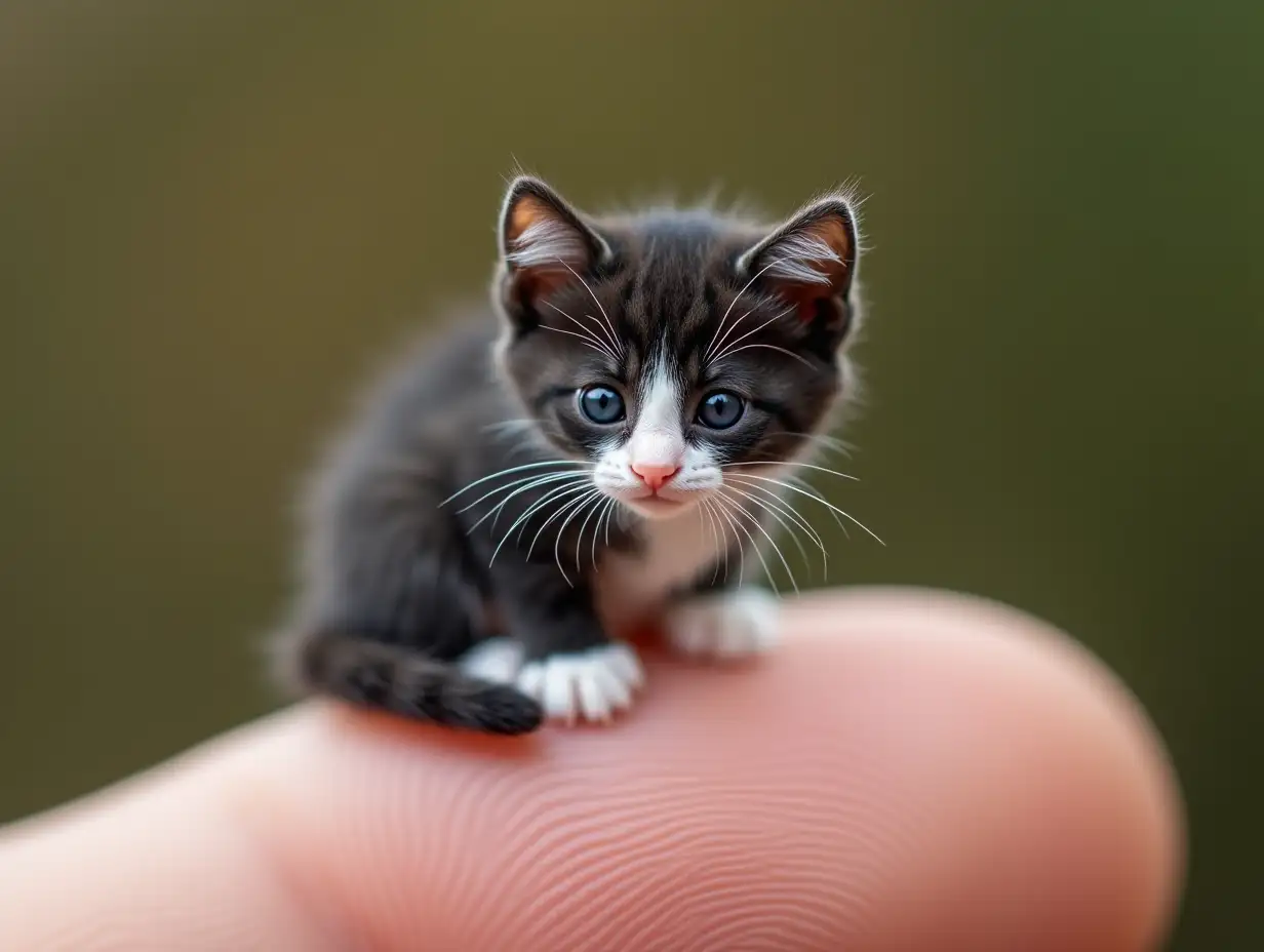 A tiny black and white cat the mini size sitting on a human fingertip, macro photography