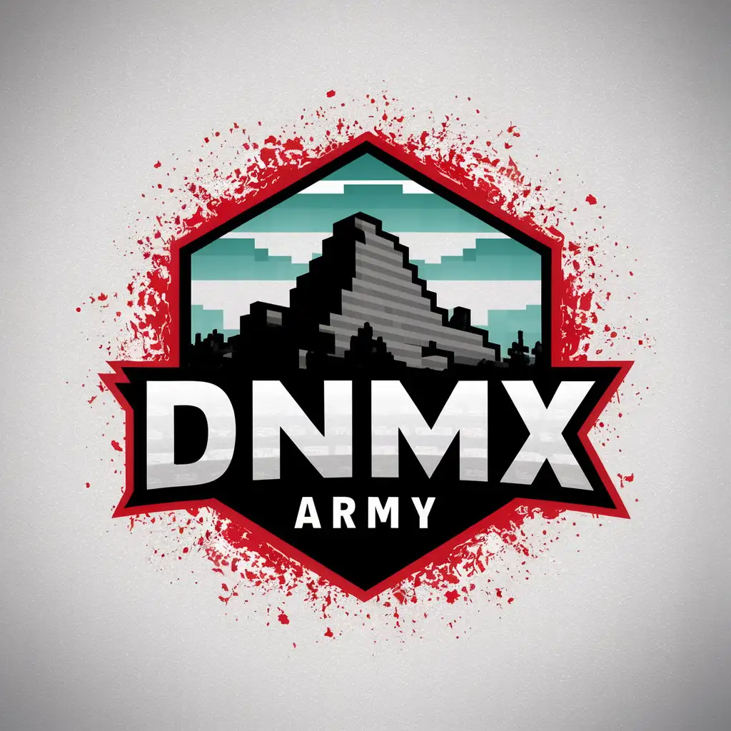 LOGO Design For DNMX ARMY Minecraft Mountain in Cyan Sky with Detailed Particles Red Theme