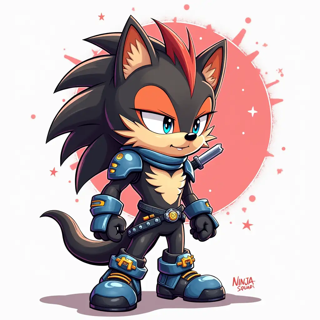 Create a hand-drawn cartoon-style PFP NFT similar to Ninja Squad Official. This is a battle hedgehog with a charismatic facial expression, detailed fur, and stylish accessories. It wears futuristic armor with cyberpunk elements, and a small weapon or a cold blade is visible behind its back. The background is simple but features dynamic color accents to highlight the character’s personality. The main emotions should be confidence, boldness, and readiness for battle. The style includes clean outlines, soft shadows, and vibrant colors.