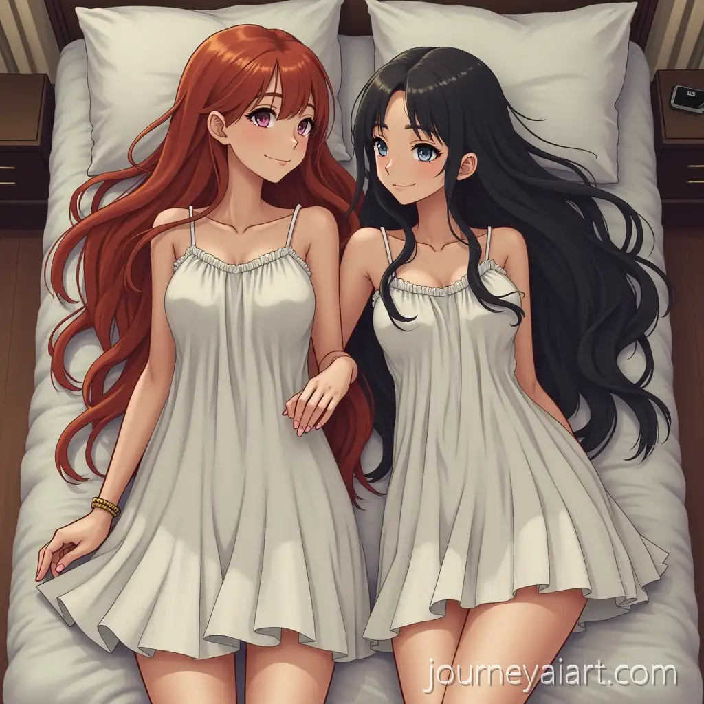 Two-Girls-with-LongTwo-girls-lying-on-bed-Hair-Lying-on-a-Bed-Viewed-from-Above