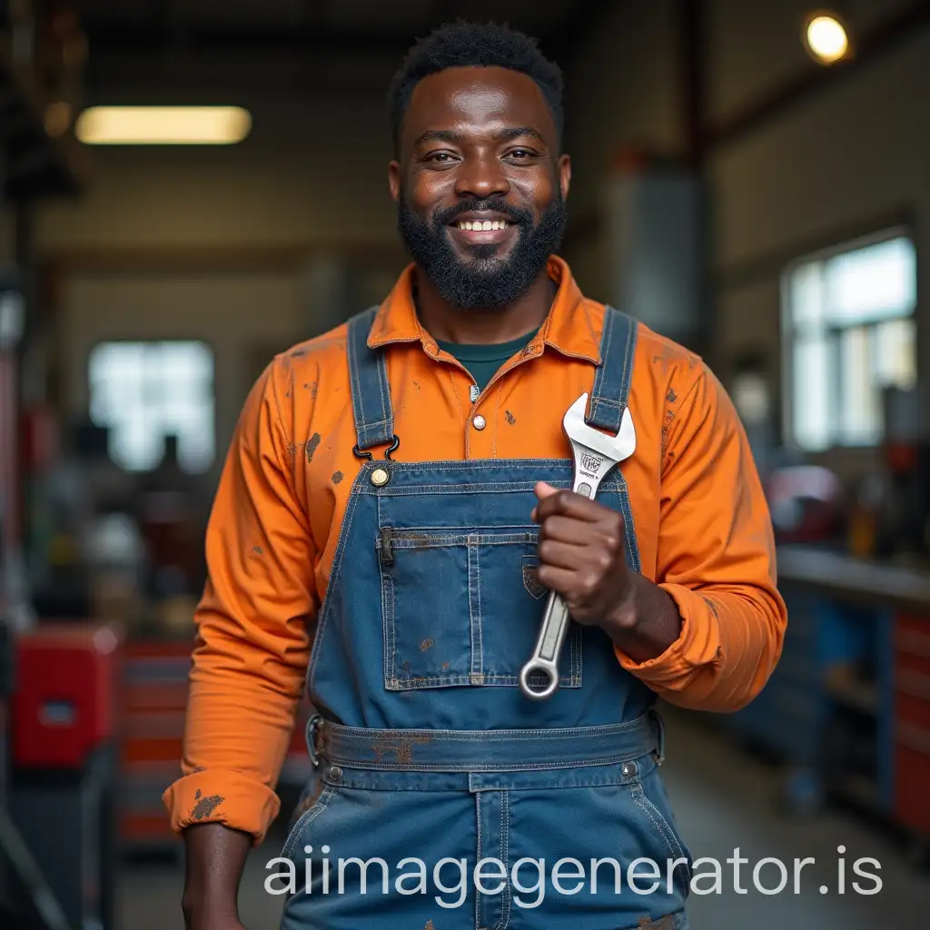 A African garage owner wearing an orange-blue garage outfit in his well-equipped workshop Holding a wrench key, wearing overalls slightly stained with oil and paint.