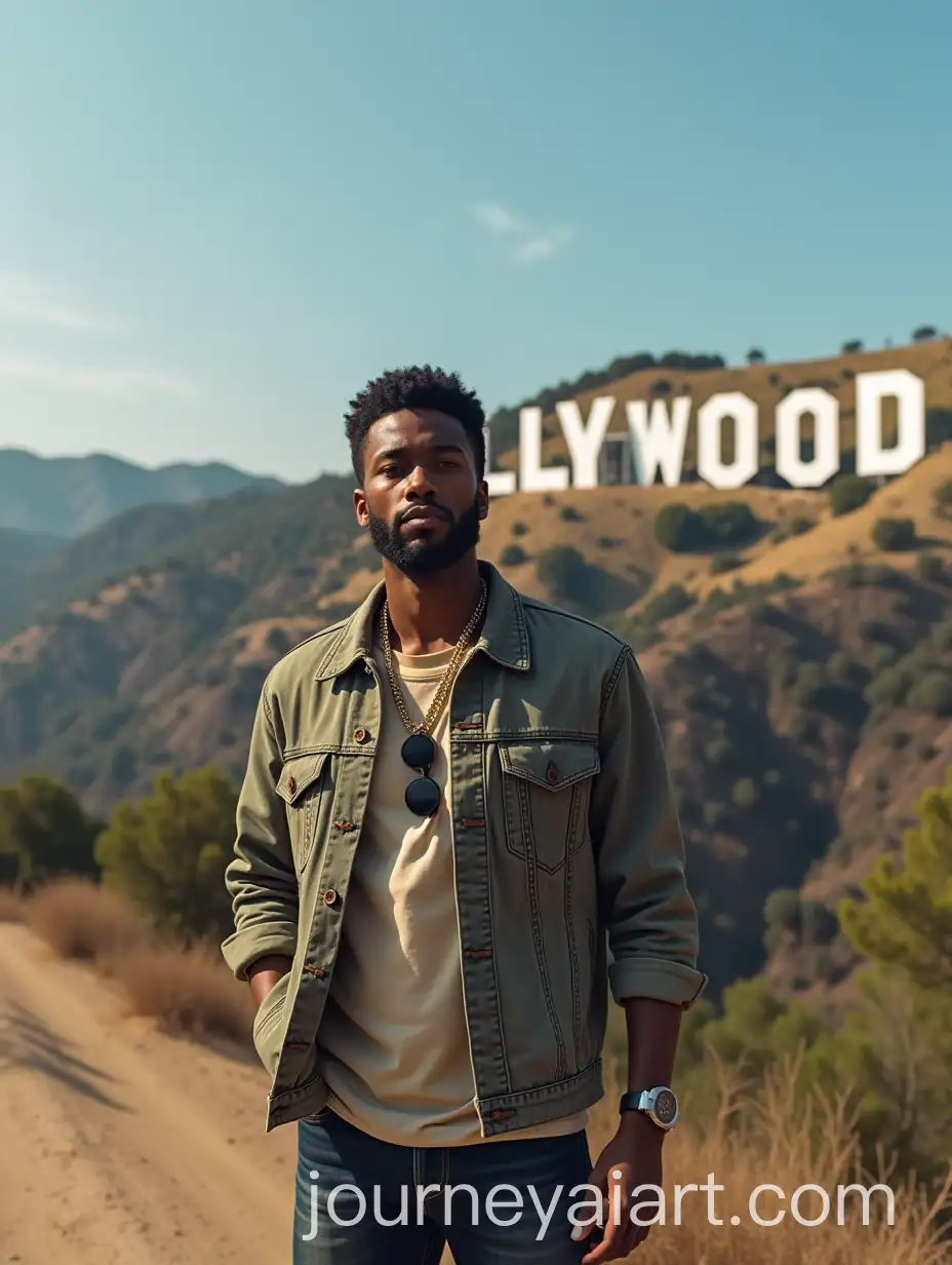 Mixed-Race-Man-Posing-in-Front-of-Hollywood-Sign-in-GTAInspired-Style