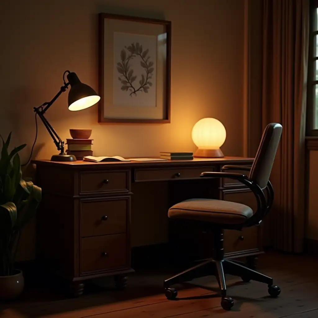 A cozy retro desk with a glowing mood light