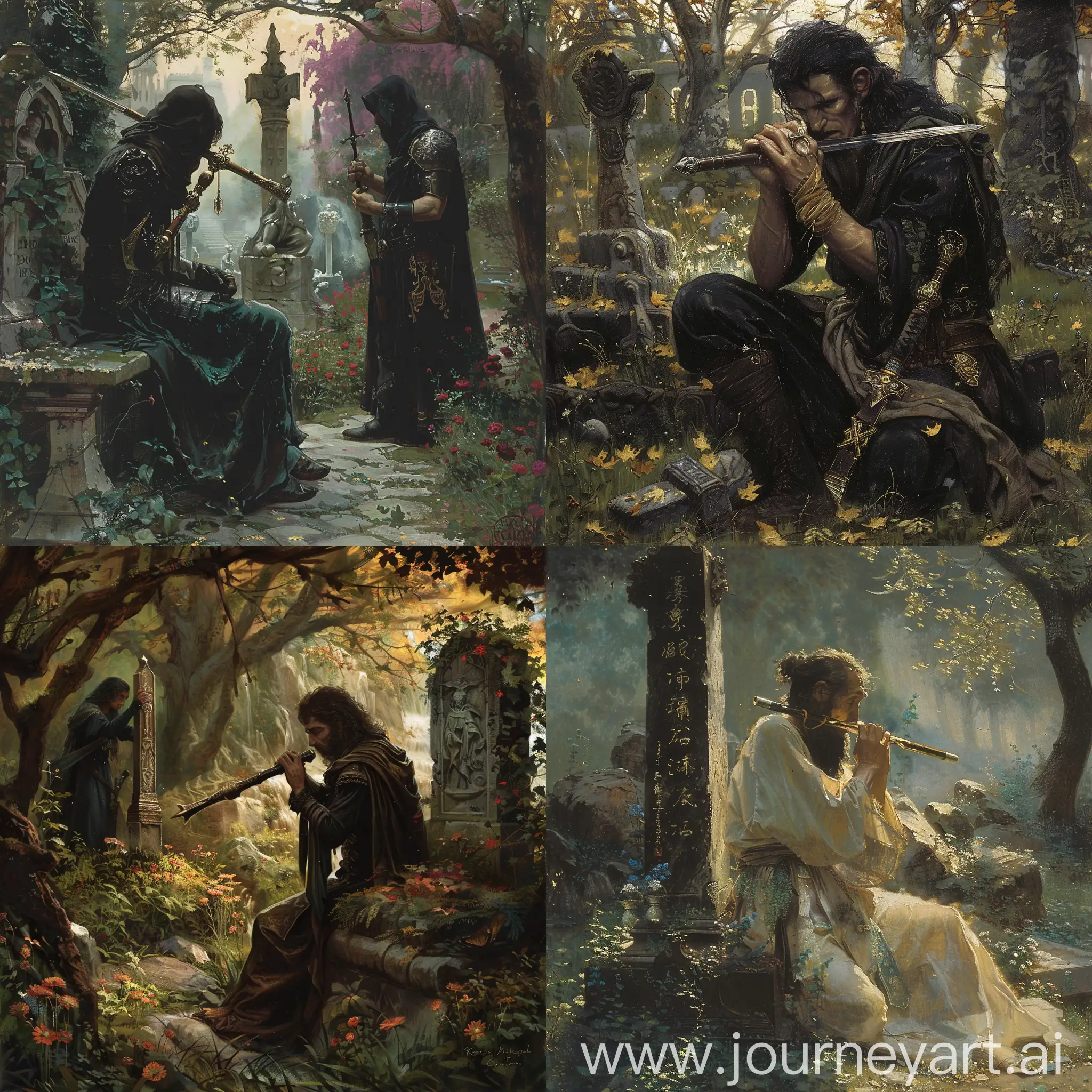 Sorrowful-Swordsman-Playing-Flute-at-Wifes-Grave