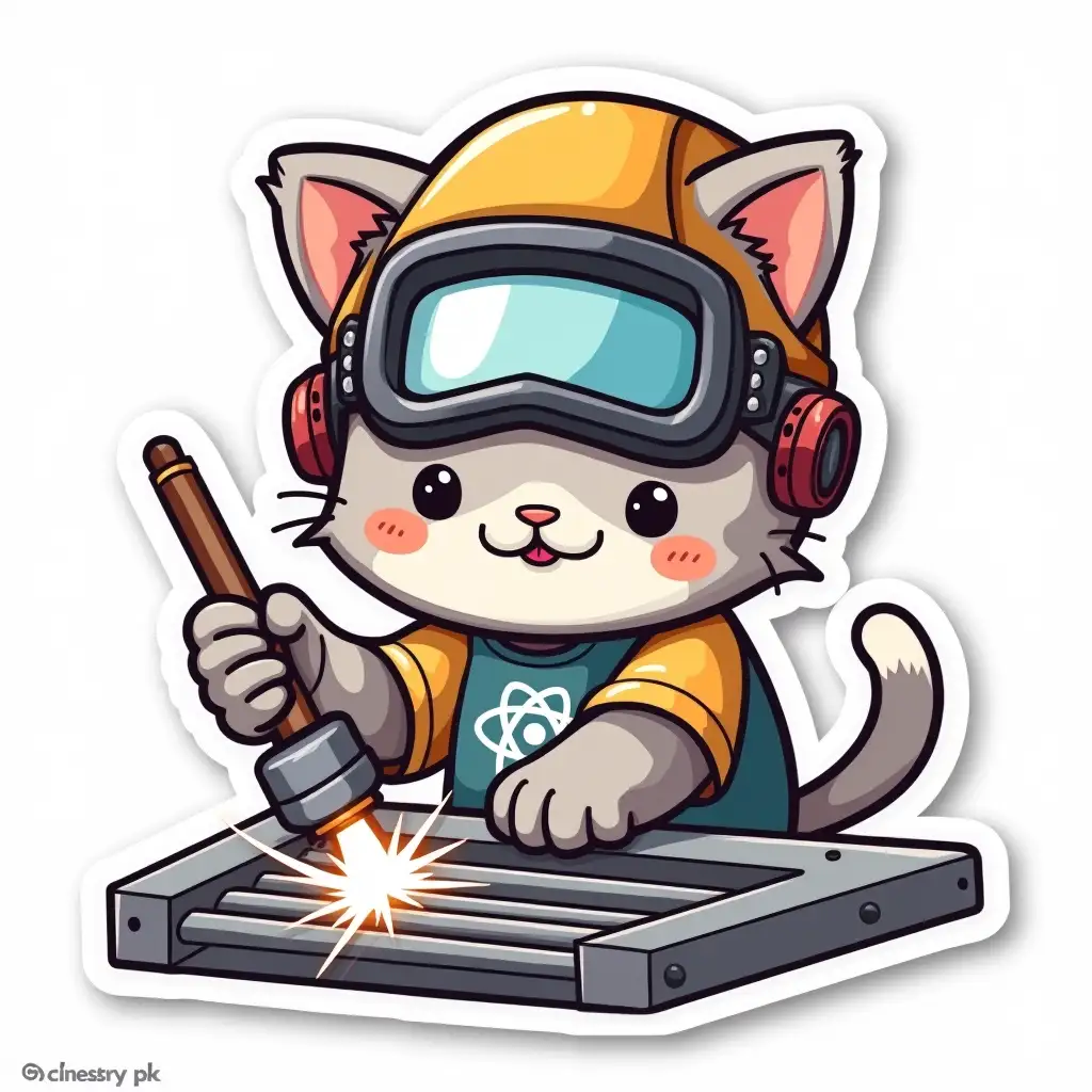 kawaii positive little happy light gray cat in protective helmet, wearing a welding mask and gloves with an atom symbol on t-shirt, connects stainless steel structural details of an industrial heat exchanger tube grid using gas arc welding. die cut sticker design top-view, high resolution, vector art, white background, paint in anime style