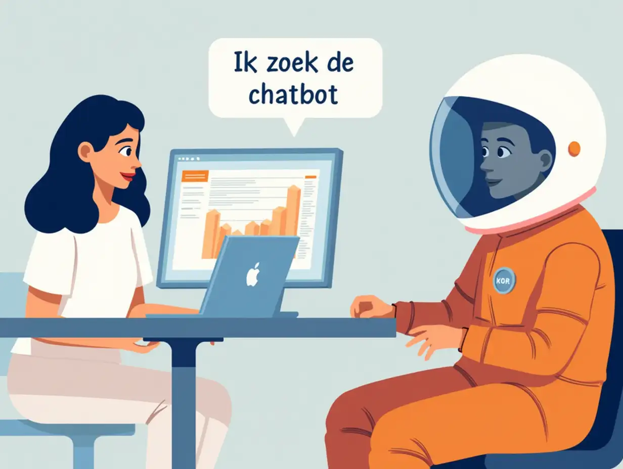 A woman is looking at a laptop. On the computer screen is an image of a web appliction with a dashboard with a graph and a 'to do' list. The woman says 'Ik zoek de chatbot' Next to the woman is sitting an astronaut in an orange suit, with a white helmet. The image is vector style.