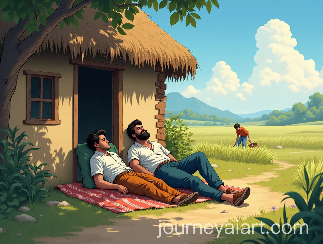 Men-Resting-by-Thatched-Cottage-South-Asian-Village-Scene