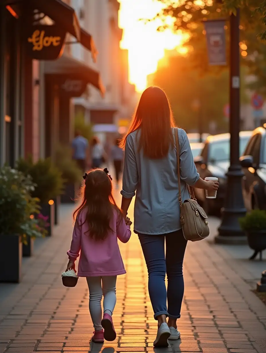 mother and daughter walking on the sidewalk in the evening holding hands. The daughter is carrying a cupcake and the mother is carrying a cup of coffee from a coffee shop.