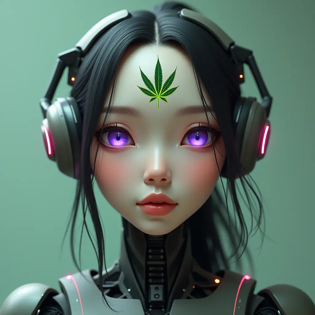 A futuristic robot with an appearance of an Asian woman identical to a person, the features that differentiate her from humans are her dark and bright purple eyes and a small electric green tattoo with cannabis leaf that has on her forehead, His face has sweet and kind expression, full and framed plane, detailed and realistic.