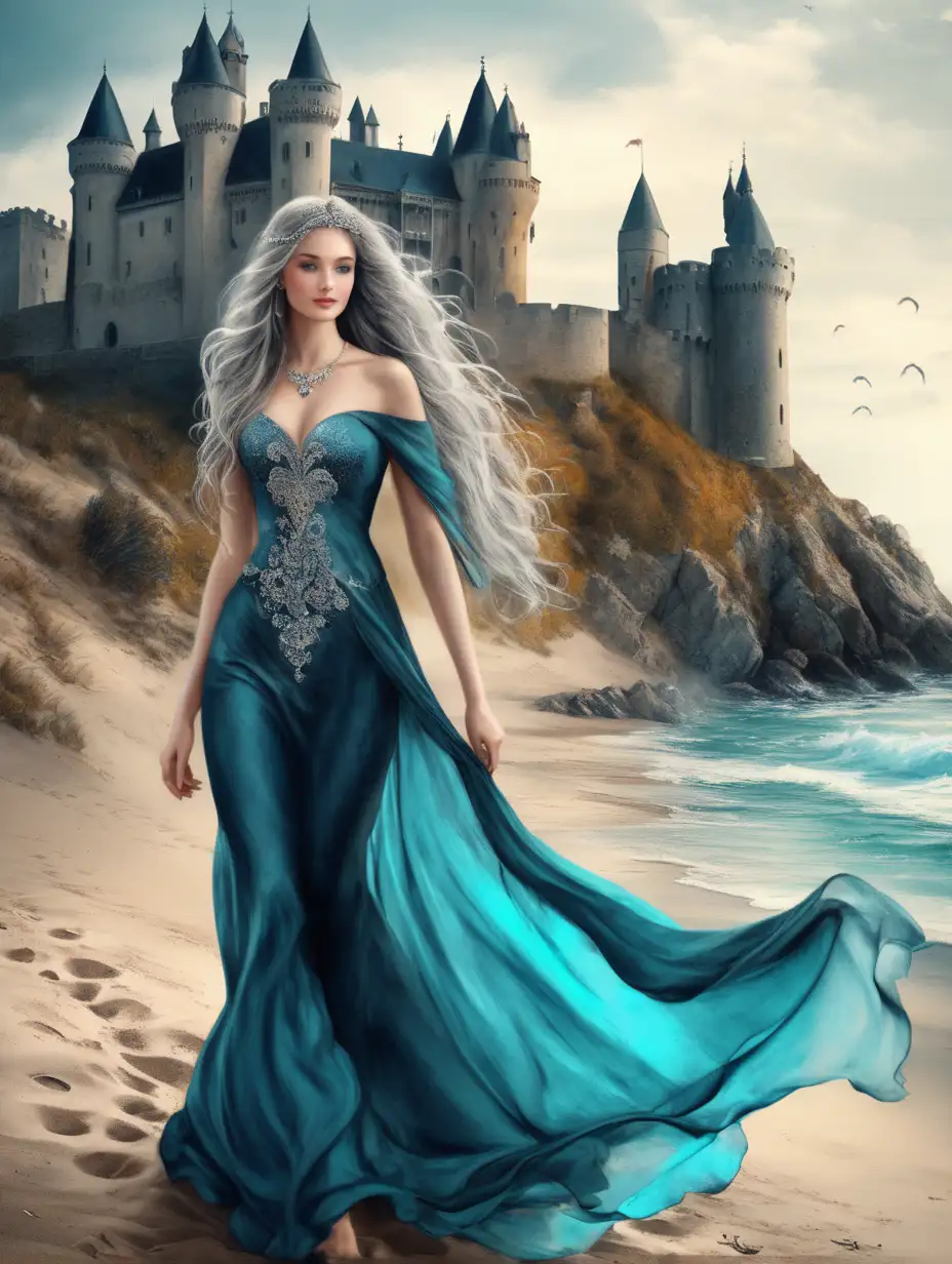 Medieval-Lady-with-Silver-Hair-and-Turquoise-Eyes-Walking-Barefoot-on-a-Beach