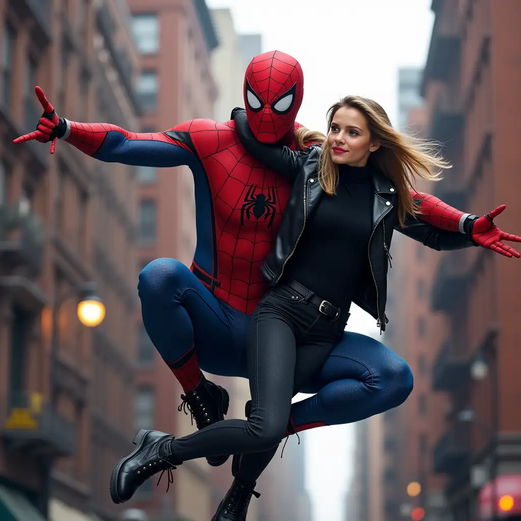 Muscular Spider-Man in red and blue Spider-Man and beautiful girl in black leather jacket with black turtleneck, black jeans, black gloves and black boots on his arms are swinging in Manhattan.