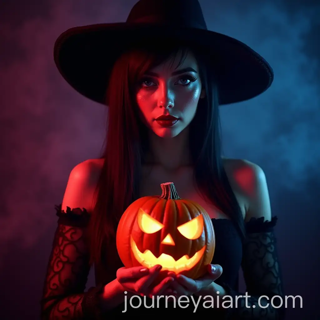 25YearOld-Irish-Woman-with-Bright-Blue-Eyes-in-Sexy-Witch-Dress-Holding-Pumpkin-in-Smokey-Halloween-Background