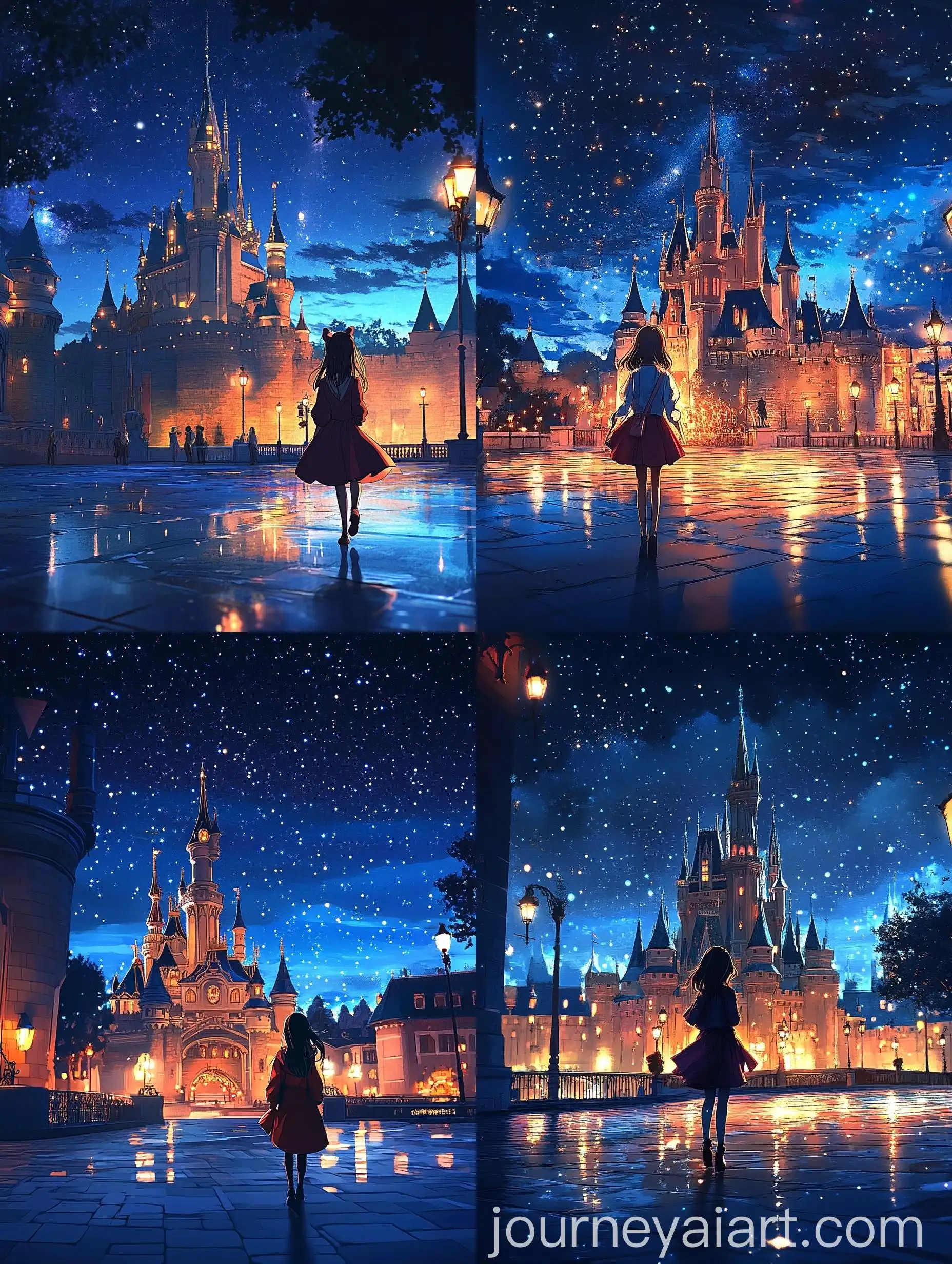 Anime-Girl-Walking-in-Front-of-Disney-Castle-at-Starry-Night