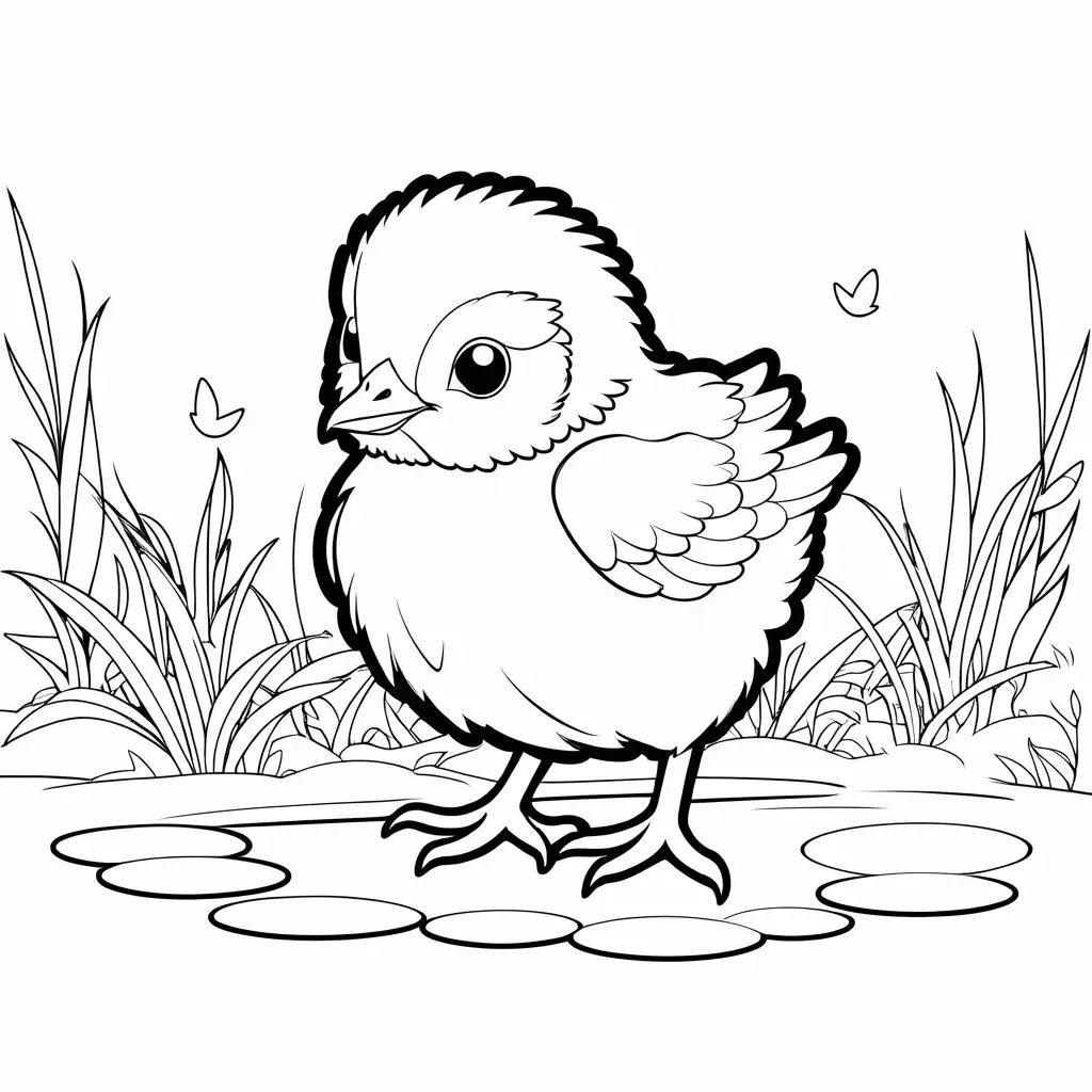 Fluffy-Yellow-Chick-Pecking-Coloring-Page