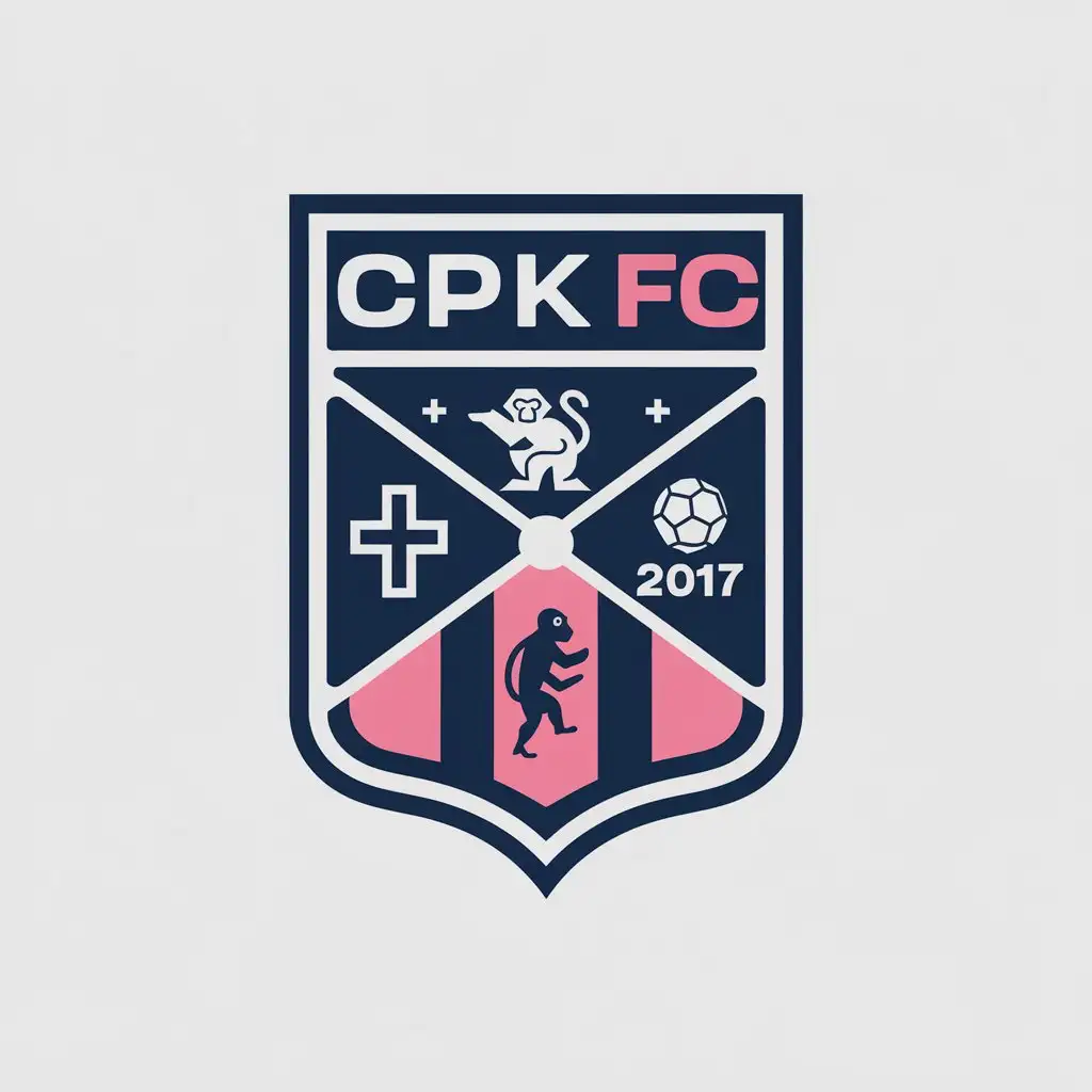 LOGO Design for CPK FC Vector Shield with Blue White and Pink Colors Featuring Team Badge Cross Monkey and Soccer Ball Elements