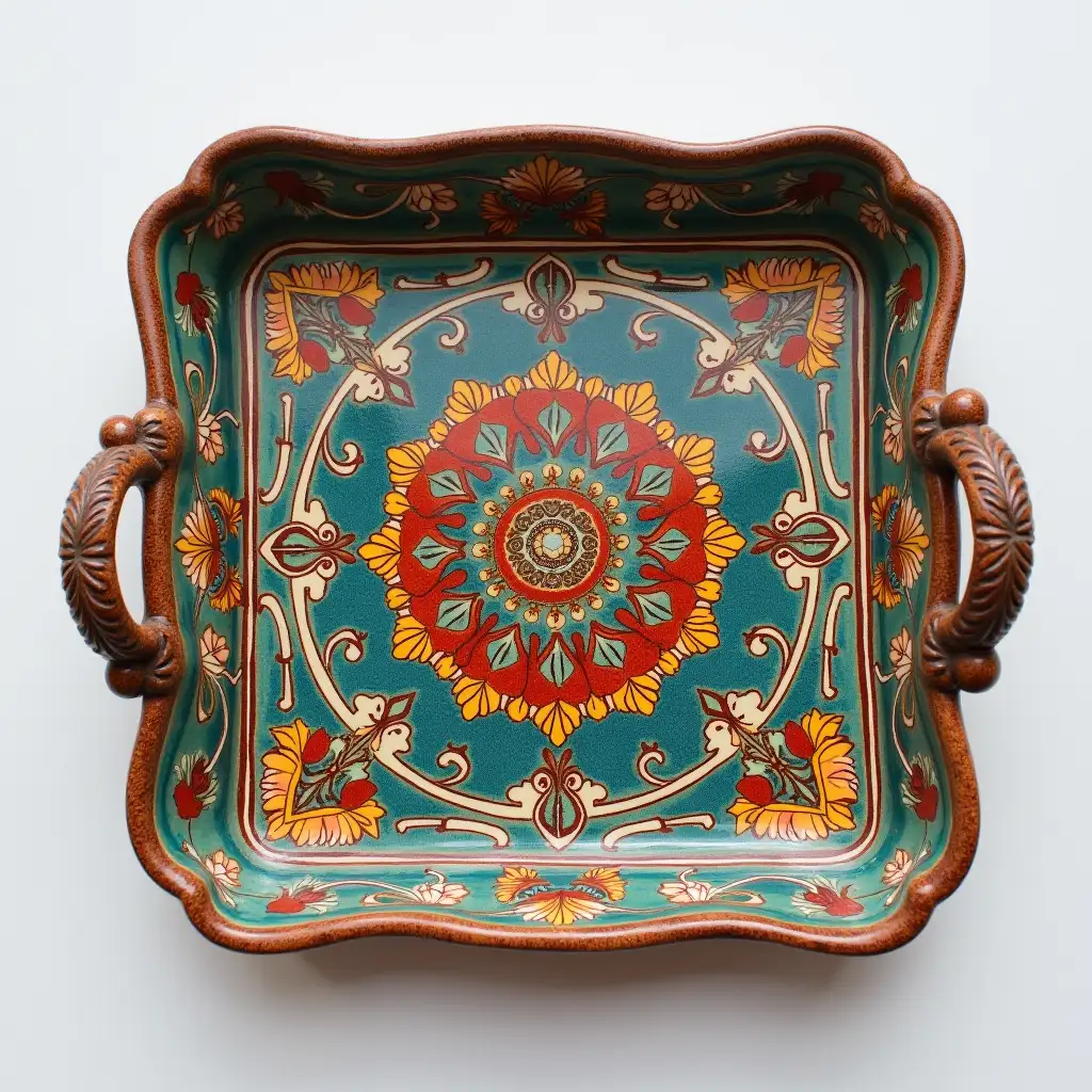 Square with rounded corners ceramic serving dish with embossed beautiful handle, antique and old, Qajar art, Iranian Tabriz carpet design