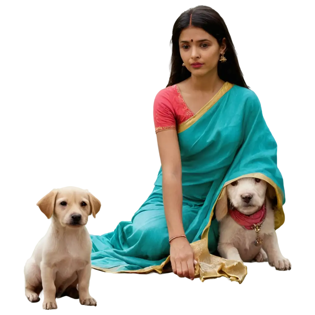 Indian-Saree-PNG-with-Girl-and-Puppy-by-the-River-HighQuality-Image-for-Diverse-Uses