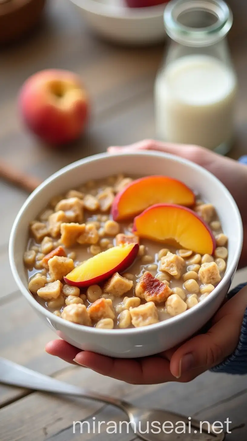 Healthy Breakfast with Oatmeal Peaches and Milk