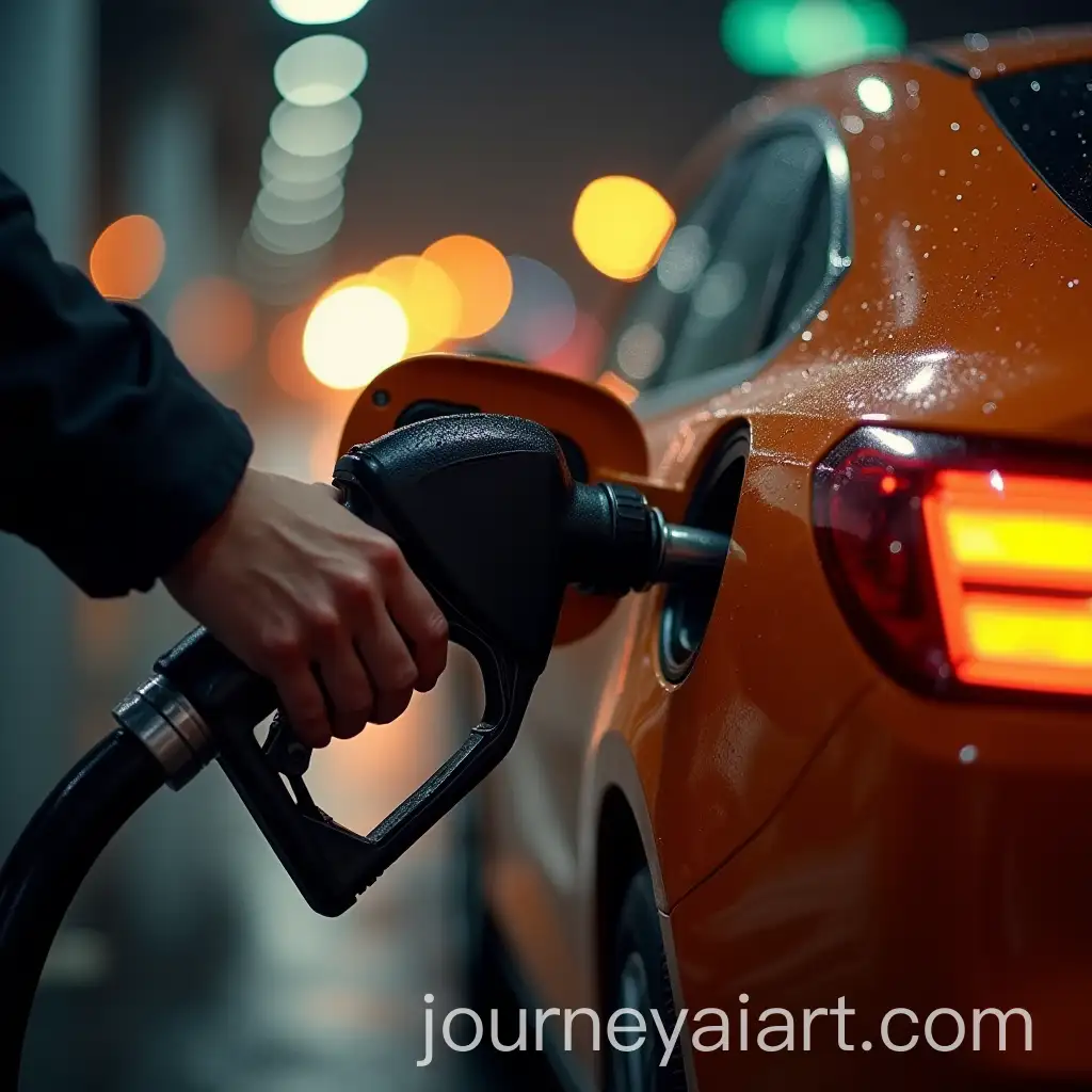 Closeup-of-Person-Refueling-Car-at-Night-with-Glossy-Fuel-Nozzle-and-Reflective-Car-Surface