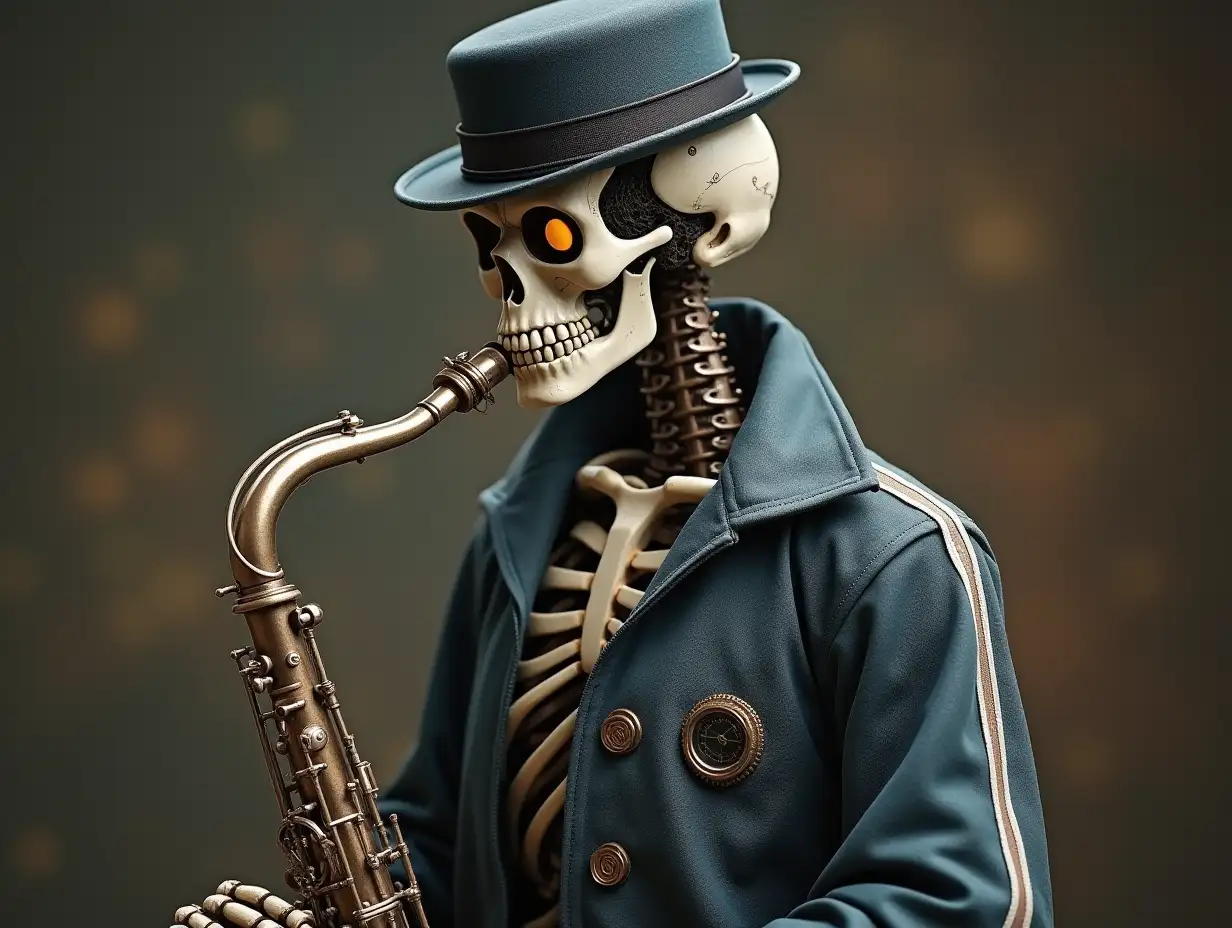 Create a high-resolution, realistic image of a robot with a skeleton body, porcelain hands and head, a fashionable tracksuit, a Steampunk top hat, and a saxophone in 4K resolution (Steampunk 8K quality).