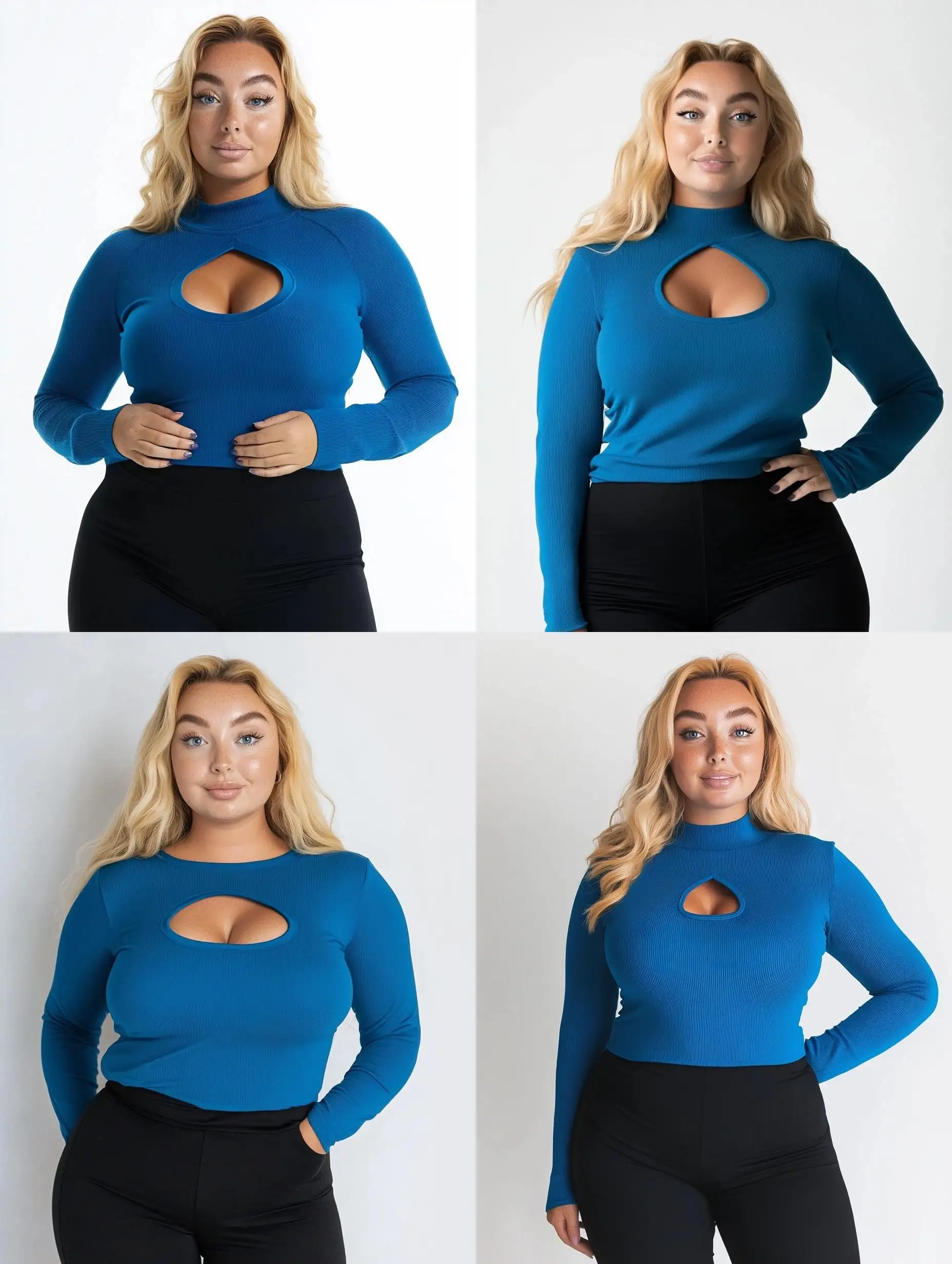 Plus-Size-Woman-in-Blue-Long-Sleeve-Top-with-Cut-Out-Front-on-White-Background