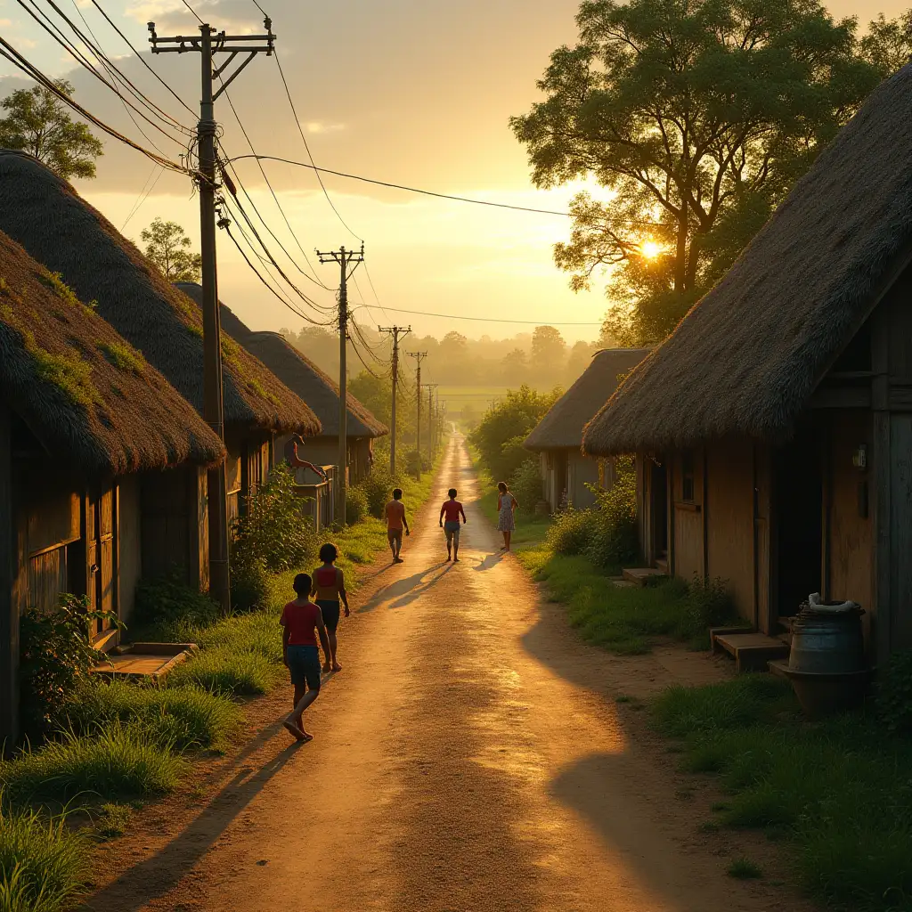 A peaceful village road, lined with small houses with thatched roofs. Children are playing by the roadside, while farmers are working in the fields in the background. The sun is rising, casting a warm glow over the scene.