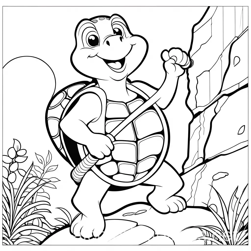 friendly cartoon character, turtle , rock climbing, Coloring Page, black and white, line art, white background, Simplicity, Ample White Space. The background of the coloring page is plain white to make it easy for young children to color within the lines. The outlines of all the subjects are easy to distinguish, making it simple for kids to color without too much difficulty, Coloring Page, black and white, line art, white background, Simplicity, Ample White Space. The background of the coloring page is plain white to make it easy for young children to color within the lines. The outlines of all the subjects are easy to distinguish, making it simple for kids to color without too much difficulty, Coloring Page, black and white, line art, white background, Simplicity, Ample White Space. The background of the coloring page is plain white to make it easy for young children to color within the lines. The outlines of all the subjects are easy to distinguish, making it simple for kids to color without too much difficulty