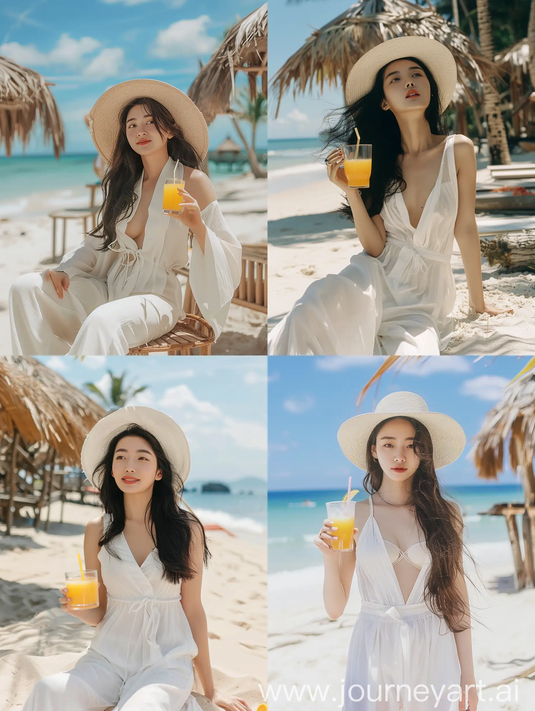 Relaxed-Korean-Woman-in-White-Jumpsuit-Enjoying-Beach-with-Orange-Juice