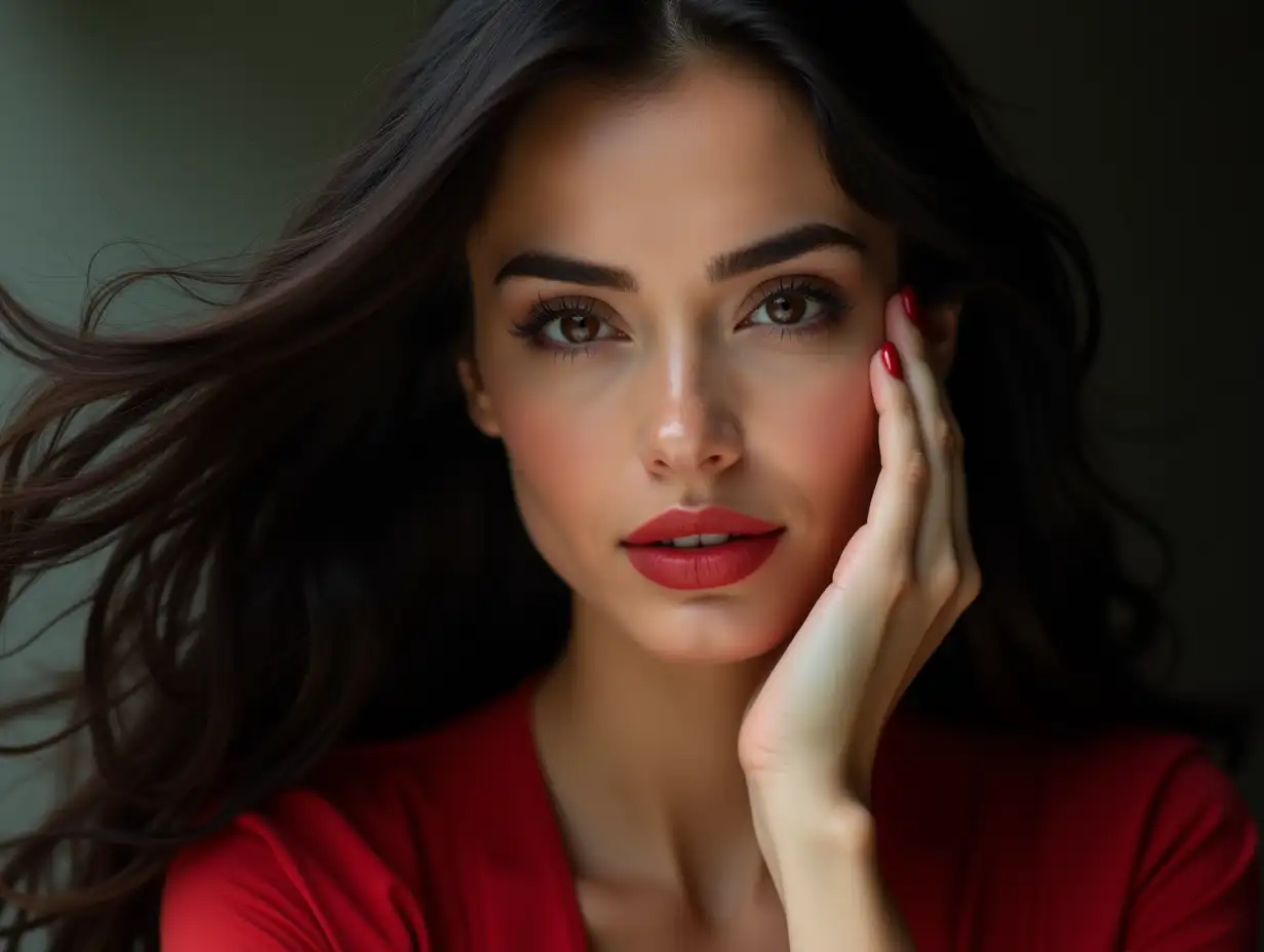 Close-up portrait of a stunningly beautiful young woman with flowing black hair caught in motion, wearing soft eye makeup and red lipstick. Her natural skin is flawless and glowing, with high cheekbones and expressive eyes. She’s wearing a red blouse, visible up to the middle. Her red nail polish subtly adds elegance as her hand gently touches her face. The background is softly blurred to keep full focus on her face. Dramatic lighting enhances the texture of her hair and skin. Shot in ultra high-definition, natural light.