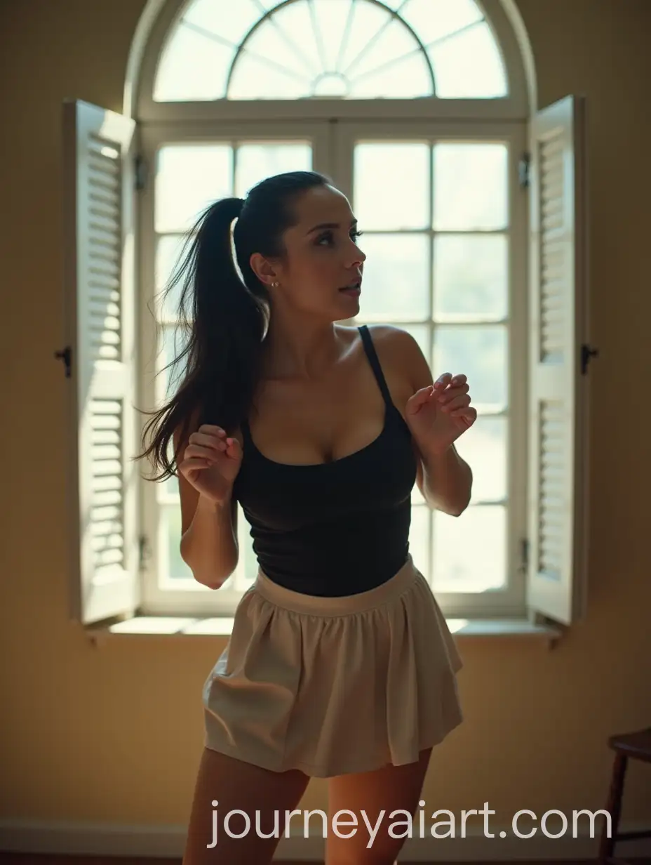 Young-Woman-Dancing-in-Sunlit-Room-with-High-Ceilings