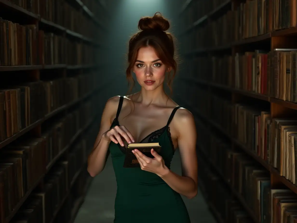 Elara, an enchanting 18-year-old librarian, standing in a seductive pose at the juncture of a shadowy, dusty library aisle. Her youthful allure is accentuated by a form-fitting emerald-green dress that clings to her athletic figure, revealing a glimpse of the delicate lace bralette beneath as a single auburn lock graciously escapes her loosely-tied bun to caress her flushed cheek. A bead of sweat, a testament to the warmth of the room and the inner passion she holds, traces a mesmerizing path along the curve of her neck, culminating in a subtle sparkle at its apex. Elara's rich brown eyes, alight with curiosity and mischief, are transfixed on a book cradled in her arms, its title obscured by her dainty, manicured fingers. The tantalizing neckline of her dress offers a glimpse of her ample cleavage, a silent whisper of sensuality amidst the sanctity of the scholarly setting. Her makeup, a masterful blend of innocence and allure, remains unblemished despite the muggy atmosphere, with full pink lips that seem poised to share a secret. The air is thick with the musky scent of ancient tomes and the faint sweetness of her perfume, creating an intoxicating symphony of intellect and desire. The towering bookshelves, cloaked in the whispers of history, stretch into the abyss of shadows behind her, each volume a silent sentinel to the tantalizing tales they conceal. Elara, a captivating blend of youth and wisdom, stands as an intriguing beacon of allure in the midst of a labyrinth of dusty knowledge, her knowing smile and the mystery of the book in her grasp inviting the viewer to dare to explore the untold chapters of this literary Eden.