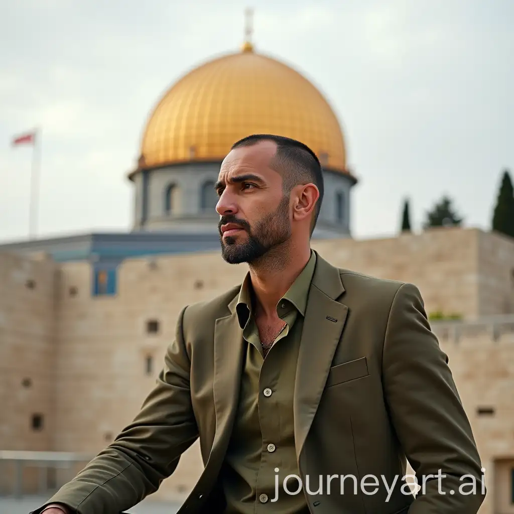 Man-in-Olive-Shirt-Suit-with-Dome-of-the-Rock-in-Palestine-Background