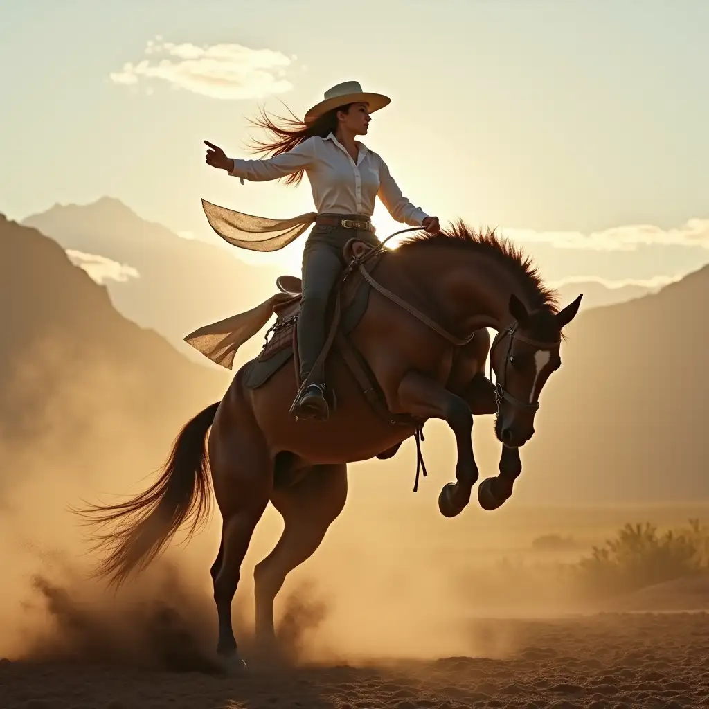 Beautiful cow girl riding a bucking bronco realistic cinematic