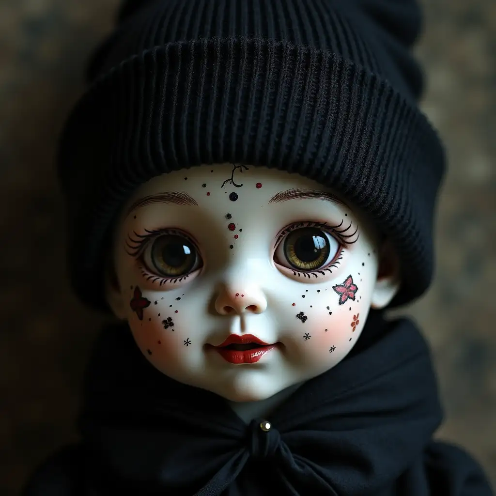 Creepy-Hyperrealistic-Doomer-Wojak-with-Porcelain-Doll-Face-and-Decorative-Paintings