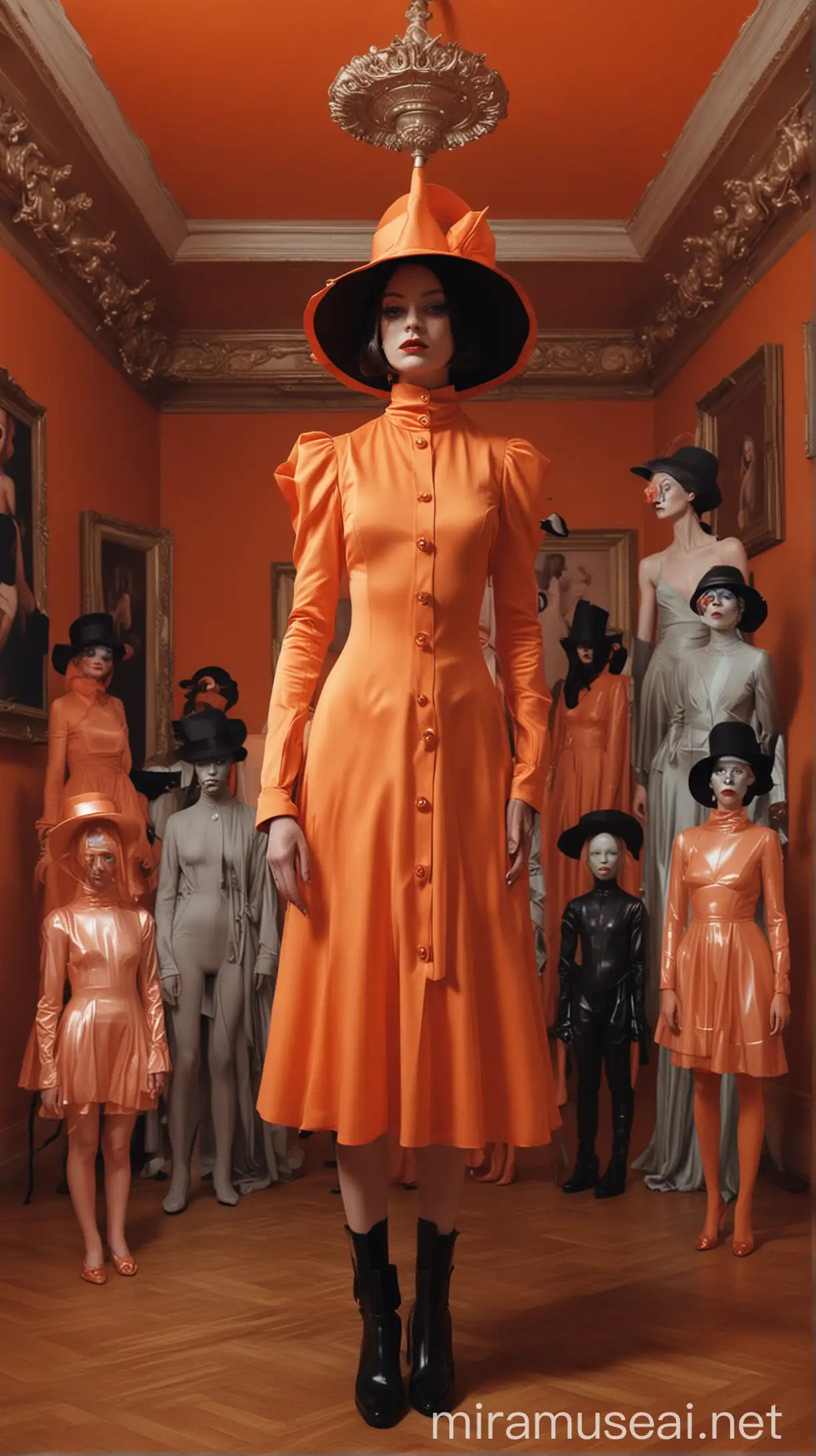 Surreal Fashion Catwalk in an Orange and Black Room