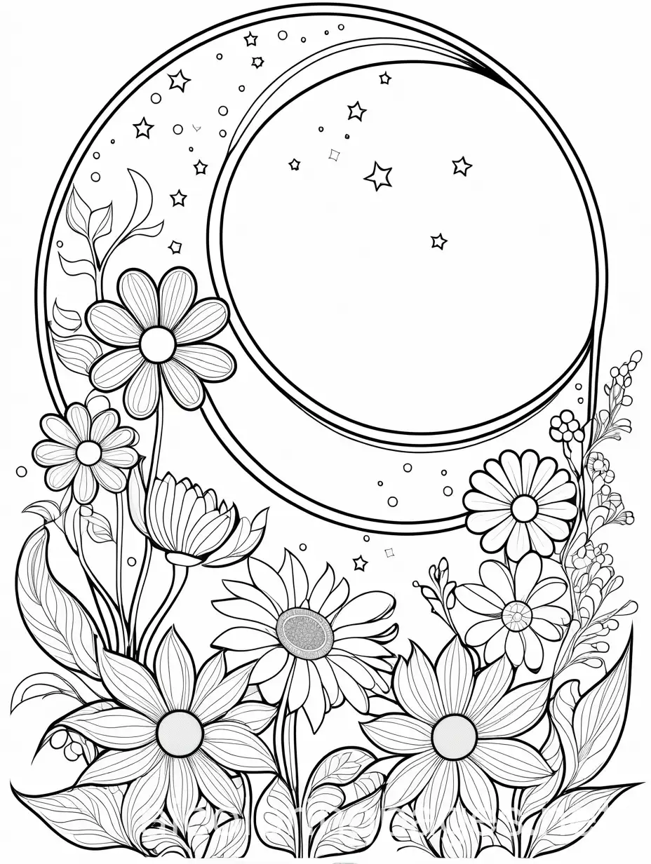 A quarter moon emerging from it 4 flowers with white background , Coloring Page, black and white, line art, white background, Simplicity, Ample White Space. The background of the coloring page is plain white to make it easy for young children to color within the lines. The outlines of all the subjects are easy to distinguish, making it simple for kids to color without too much difficulty