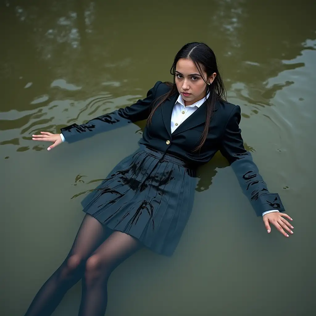 A schoolgirl in a school uniform suit (clothes look wet and stick to the body) with a jacket, skirt, blouse, dark tights, and high-heeled shoes. Swimming in a dirty pond. Lying in the water. Underwater body. Clothes are completely wet (wet clothing),(Wet),(messy).