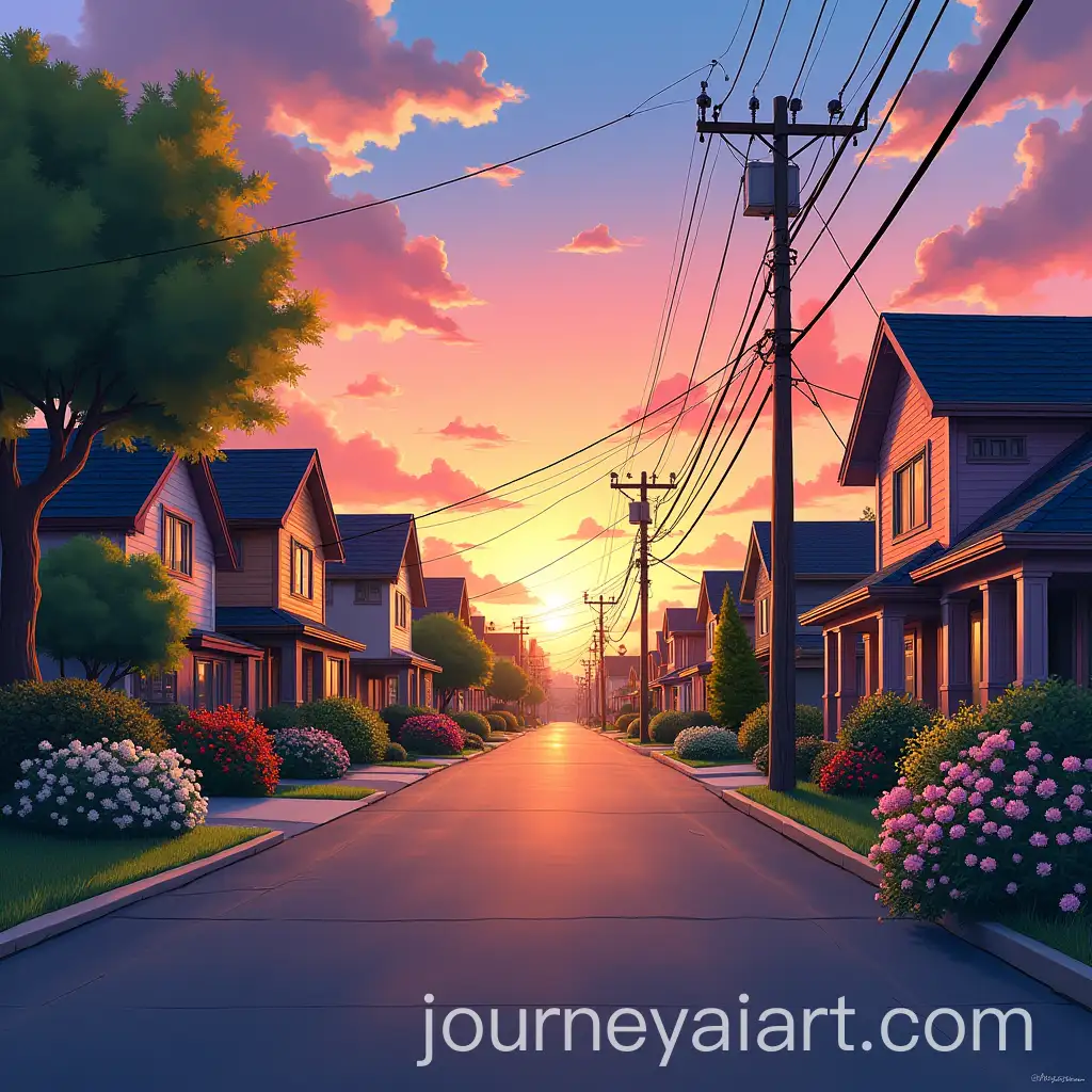 AnimeInspired-Suburban-Street-at-Sunset-with-Blooming-Gardens
