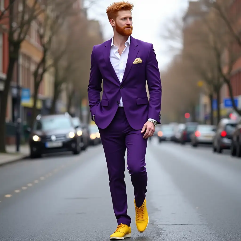 Handsome-Ginger-Man-in-Purple-Tuxedo-and-Yellow-Sneakers-Walking-Down-the-Street