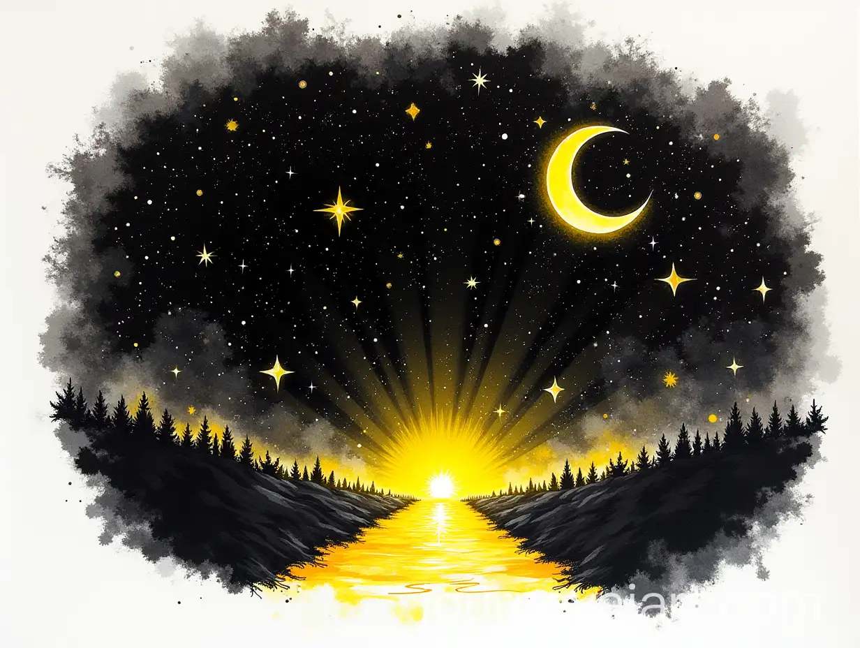 Cosmic-Darkness-and-Emerging-Stars-in-Black-and-Yellow-Ink-Style
