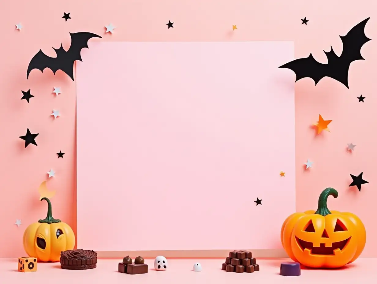 Spooky-Halloween-Banner-with-Pumpkin-Bat-and-Chocolate-Treats-on-Pink-Background