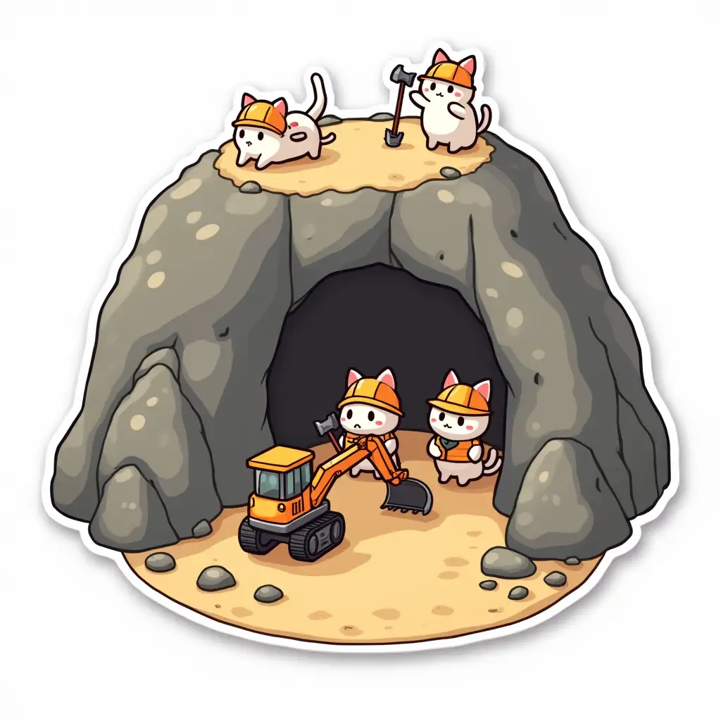 kawaii cats uranium mine, a miniature in isometry, the entrance to a mine in the mountains with an orange excavator at the entrance and small miners in the form of cats in hard hats and with pickaxes,  Sticker design - top view, high resolution, vector graphics, white background, anime-style coloring.