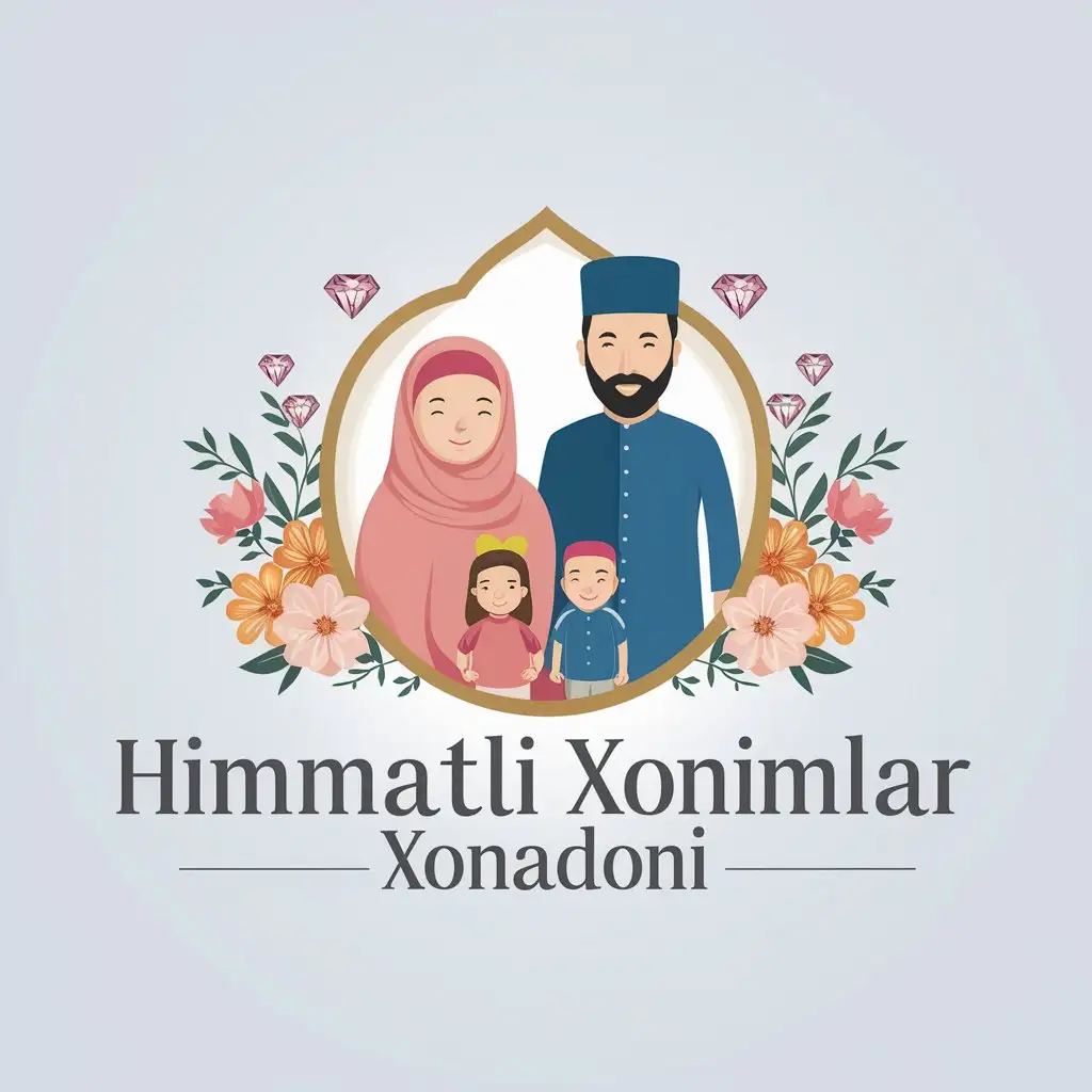 a vector logo design,with the text "HIMMATLI XONIMLAR XONADONI", main symbol:A Muslim happy family, a happy family, happy children. Flowers, diamonds, delicate, beautiful design. On the logo should be a Muslim wife, husband, children.,Moderate,be used in Home Family industry,clear background