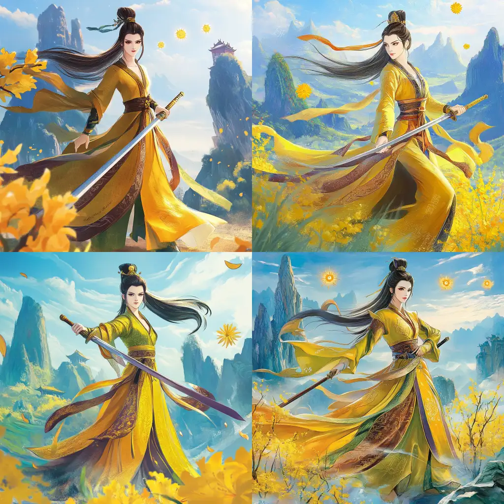 Belle-in-Chinese-Hanfu-with-Sword-in-Front-of-Guilin-Mountains-and-Blossoming-Yellow-Flowers