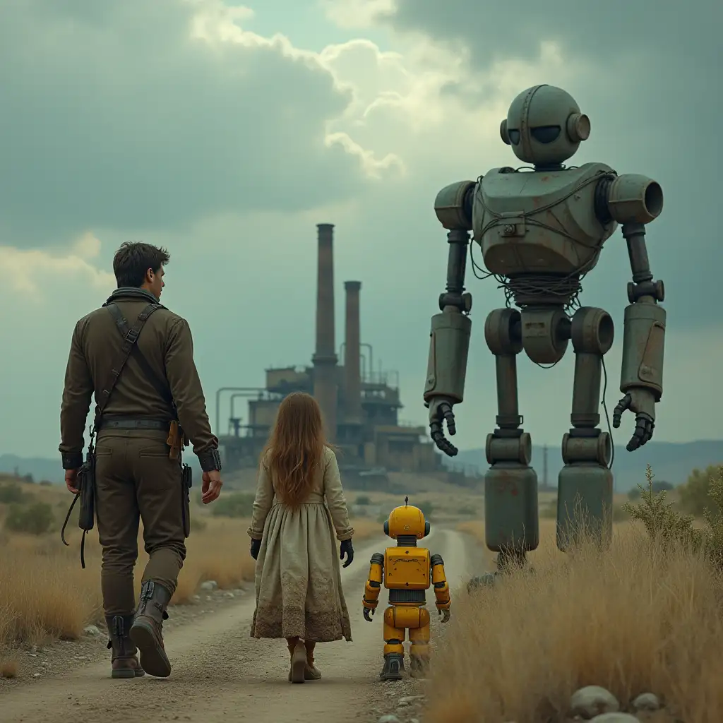 An orphaned teenage girl travels through the retrofuturistic American West after the apocalypse, along with a yellow toy robot and a bizarre tramp. There are thunderstorms and clouds in the sky. They are walking near an abandoned power plant. There is a huge old robot wrapped in wires near the station. All the characters are looking forward to the station. They are wearing old clothes with armor elements. The man is strong and tall 180 cm, the girl 155 cm. The robot is 140 cm. Style: dark, cinematic