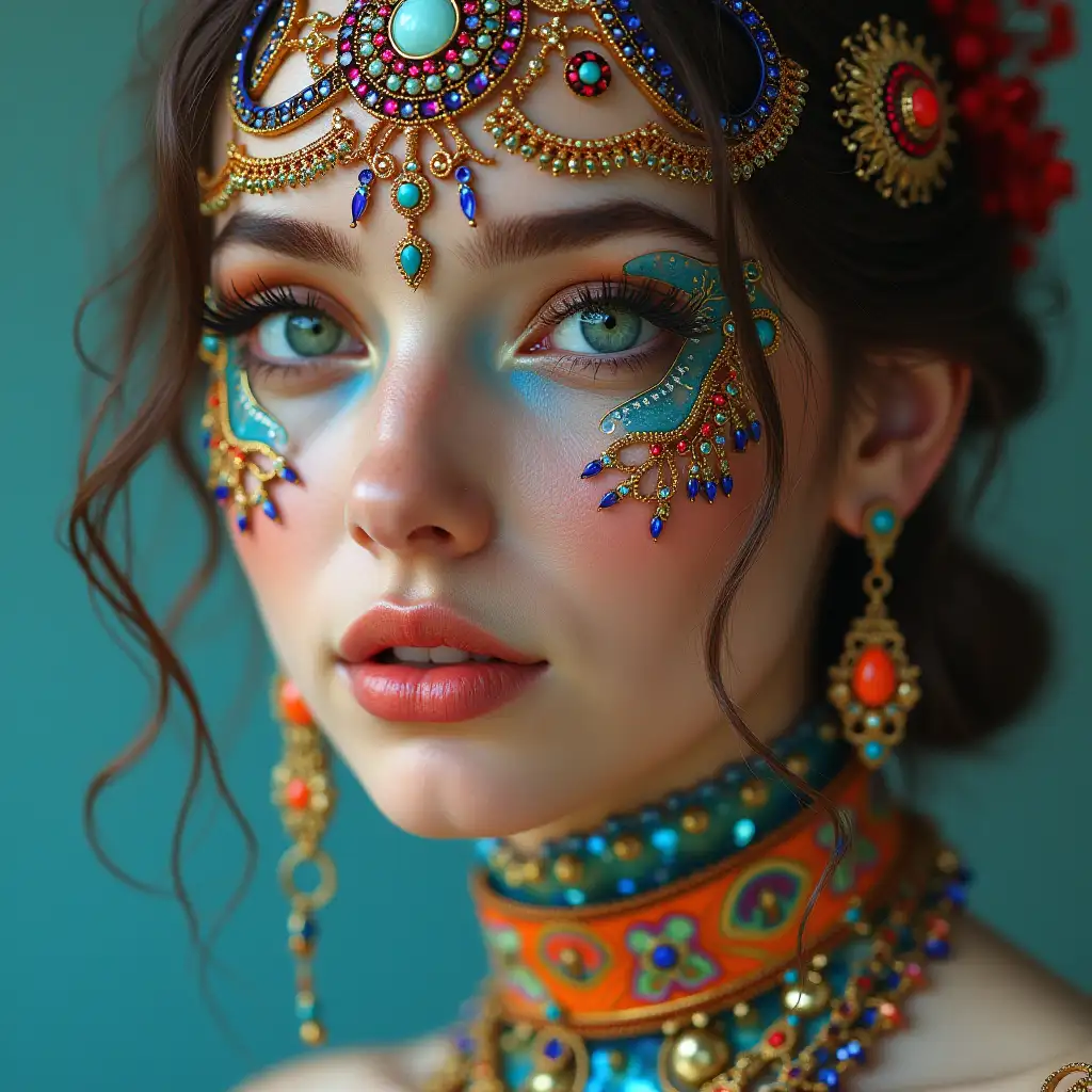 A hyperrealistic portrait of a beautiful Austrian woman, who is wearing intricately detailed, colorful and futuristic jewelry.