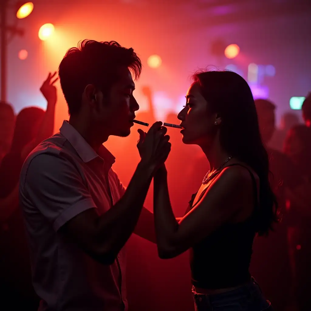 Asian male and female, facing forward, dancing while smoking e-cigarettes in a club