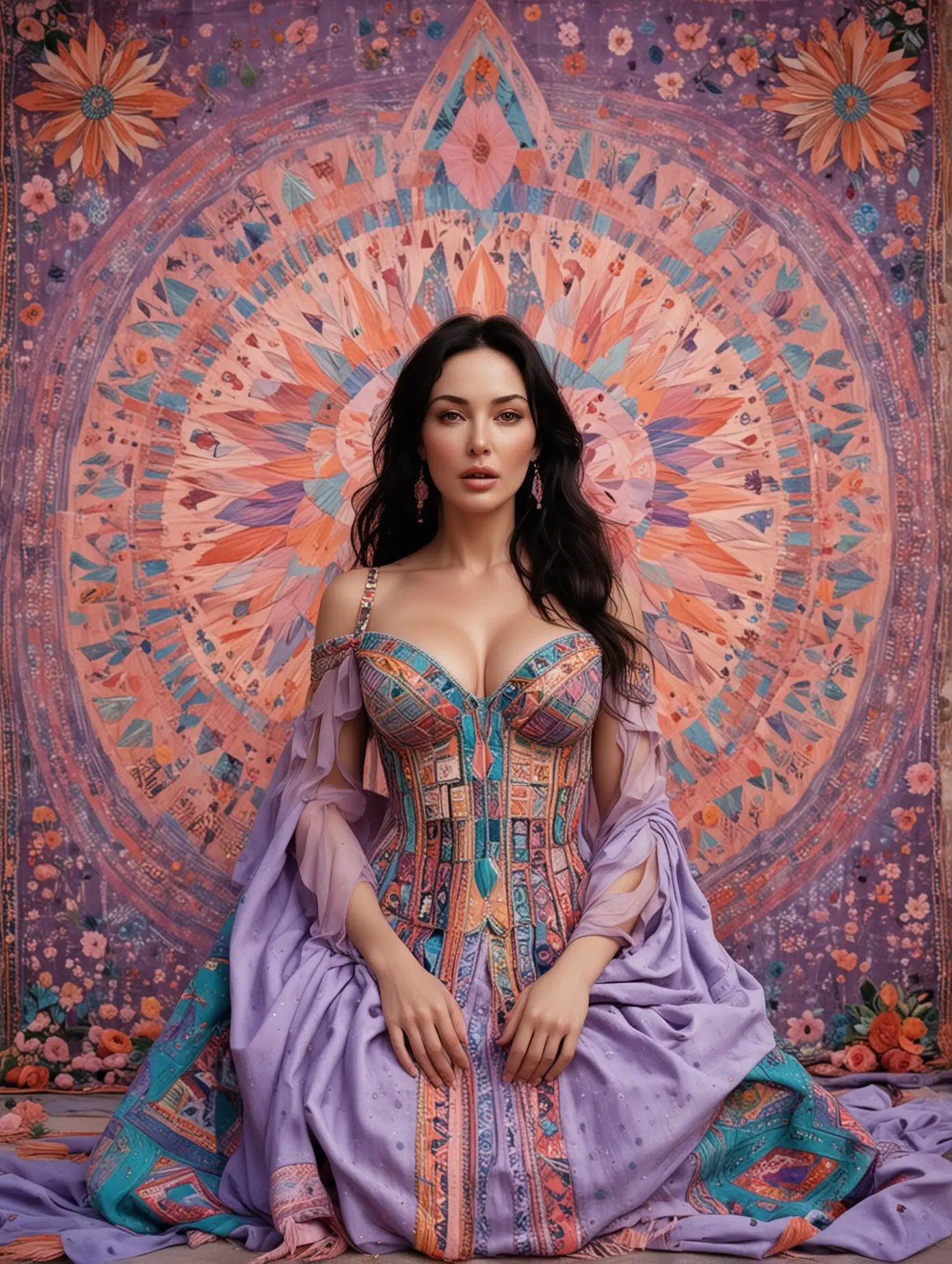 gorgeous portrait of a beautiful Monica Bellucci with awesome cleavage, dressed Navajo Textile Patchwork Fashion, Colorful Oil On Rainy Night Canvas, Unstructured Maximalism, Novelty architecture, Pastel Colors Of Lavender, Periwinkle, Peach, Spring Green, Baby Blue, Mauve, Pink, internally decorative, Crepuscular Luminosity, Hyper-Structured Minimalism, showing objects in great details and accuracy, with legit emotional reactions, perfect body coordination, perfectly flowing emotions, perfectly resonated aesthetics, and an actual realistic image of motion